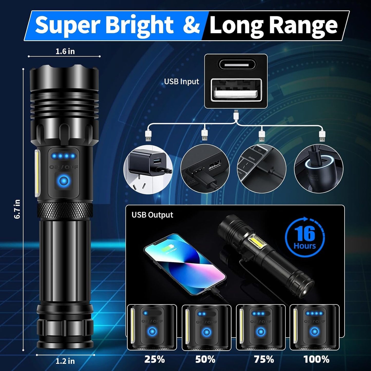 Rechargeable Flashlight 250000  Lumens
